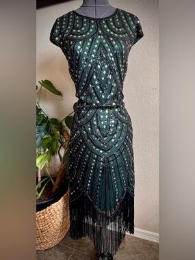 Fully Beaded 1920s Gatsby Vintage Style Flapper Dress MIDI Fitted XXL
